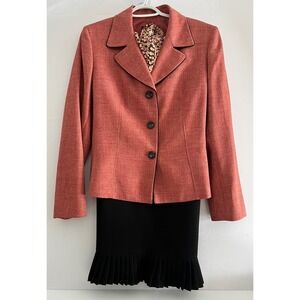 Evan-Picone Skirt Suit Set Size 14 Coral Blazer & Black Pleated Hem Skirt 2pc